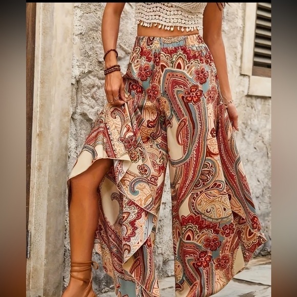 UNBRANDED Pants - Wide Leg Pants Boho Chic Vintage Paisley Loose Fit Elegant Large Lightweight NEW
